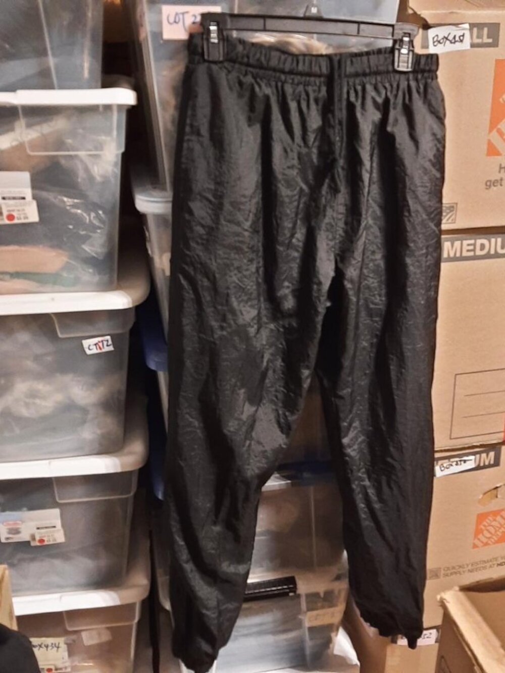 NEW ! Vintage Black lightweight Nylon Track Pants Elastic W Wistband Crinkled M